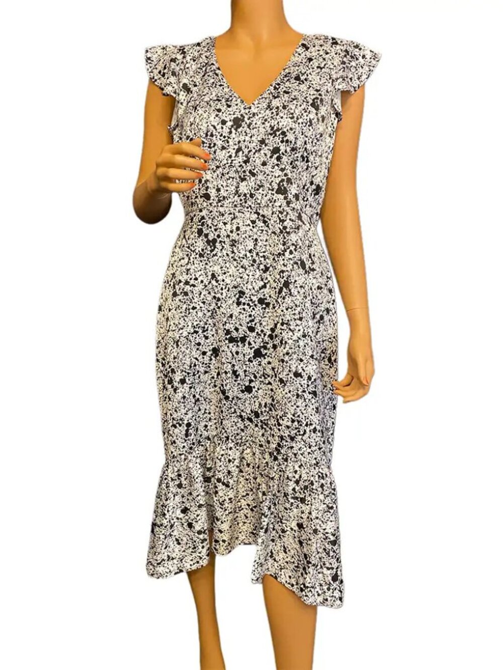 Bar III Black White Splatter Print Flutter Sleeve Dress